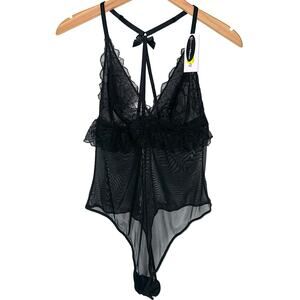 NWT Cassandra Intimates Melanie Black Lace Mesh Ruffle Bodysuit Teddy Size L